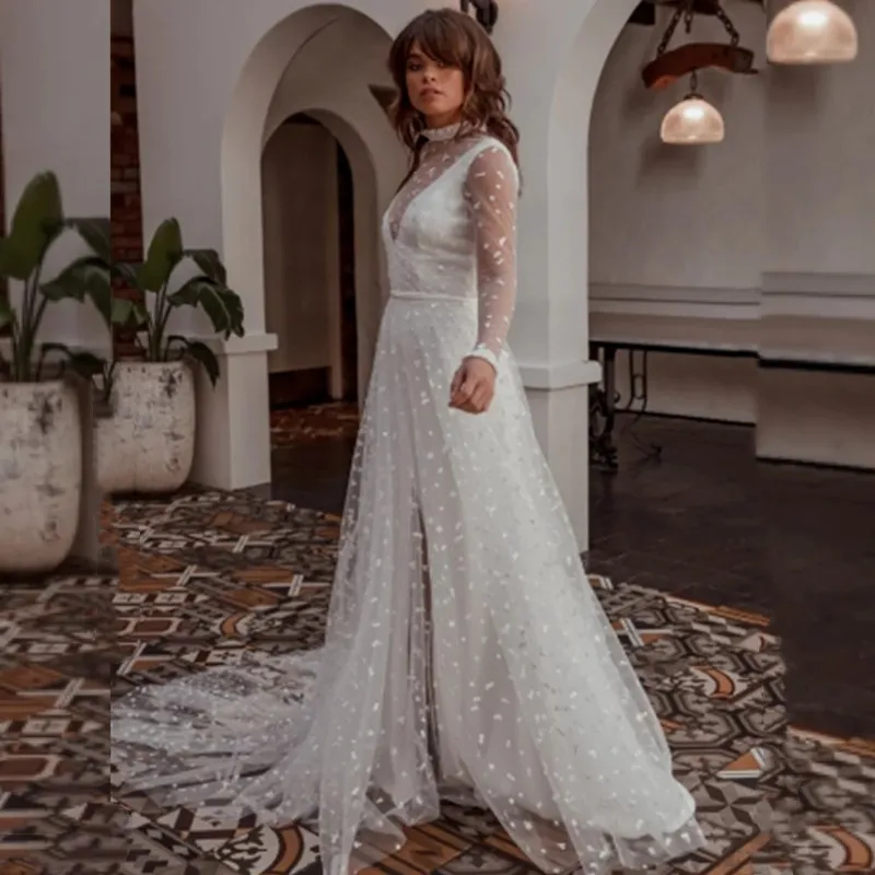 Robe de Mariée à Col Haut et Manches sulf, Appliques en Dentelle, Longue Traîne de Balayage, Patients Icidiques, Tout ce qui est sur Mesure, Élégant, Été, 2024