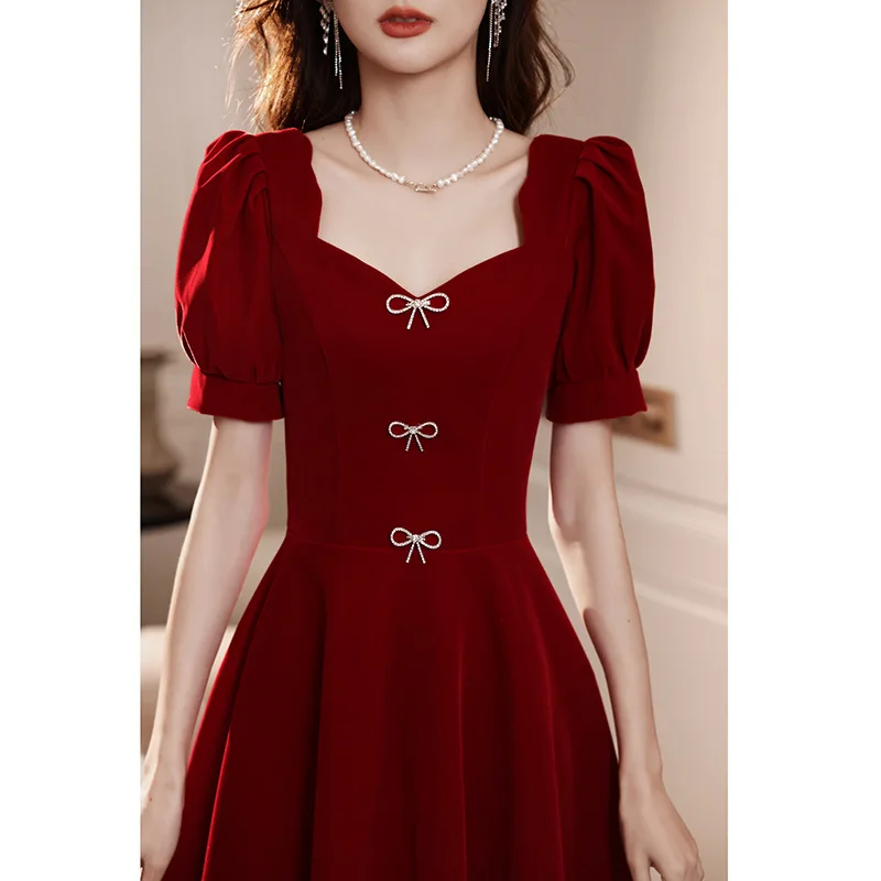 Vestido francês bordô feminino, manga folhada elegante, vestidos de festa finos, camurça curva, linha simples de aniversário, vestidos de baile