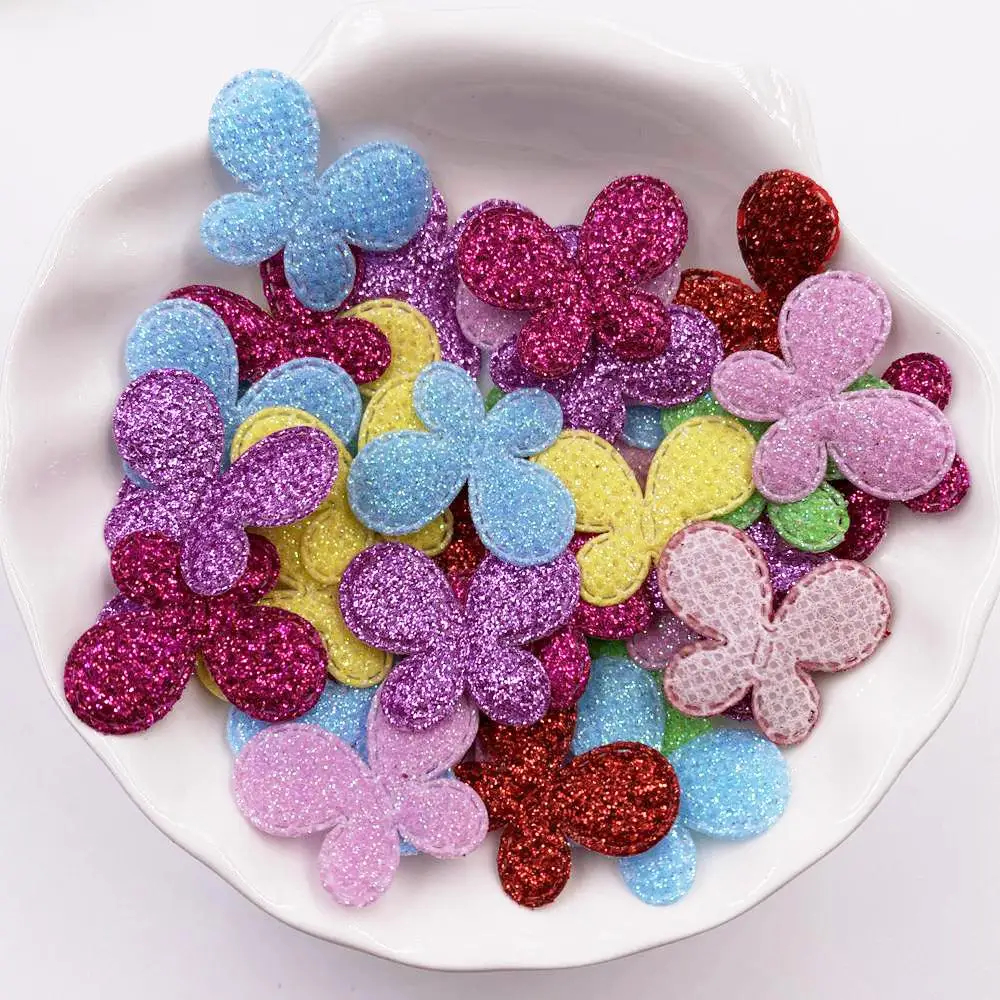 100pcs Glitter Bepowder Nonwoven Kawaii Various Shapes Felt Fabric Patchs DIY Cloth Appliques Bow Embellishments Wedding Craft