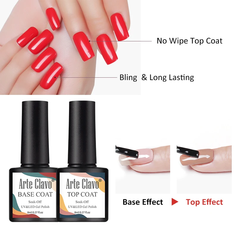 Arte Clavo Top Coat Base Coat Nail Primer For Nails Vernis Semi Permanant UV LED Lamp Fast Dry Soak Off Gel Polish Gellak 8ml