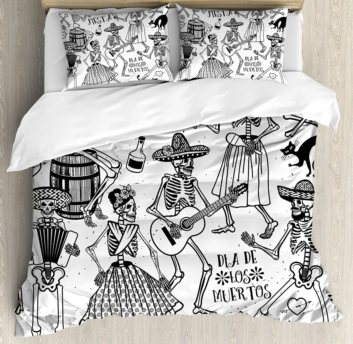 Mexican Decorations Duvet Cover Set Dead Dancers Themed Woman and Man Skeleton Icon Playing Music Design Bedding Set for Home