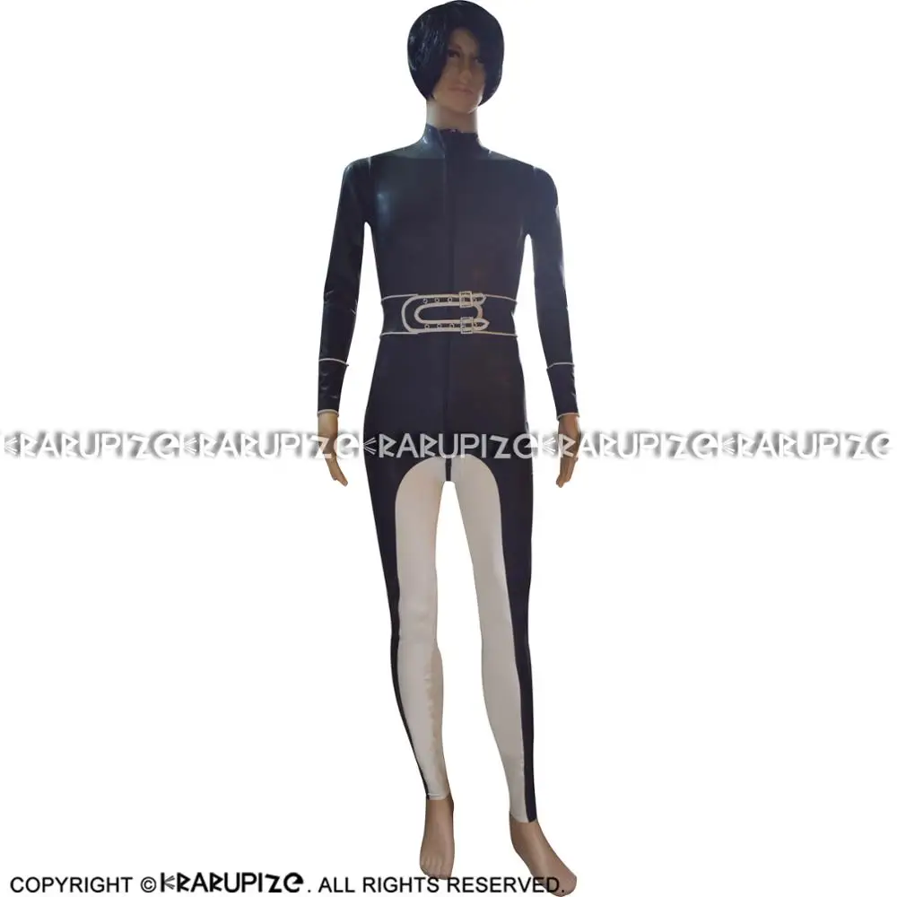 Black And White Stripes Sexy Latex Catsuit With Front Zipper Belt Buckles Body Suit  Rubber Bodysuit Zentai LTY-0094