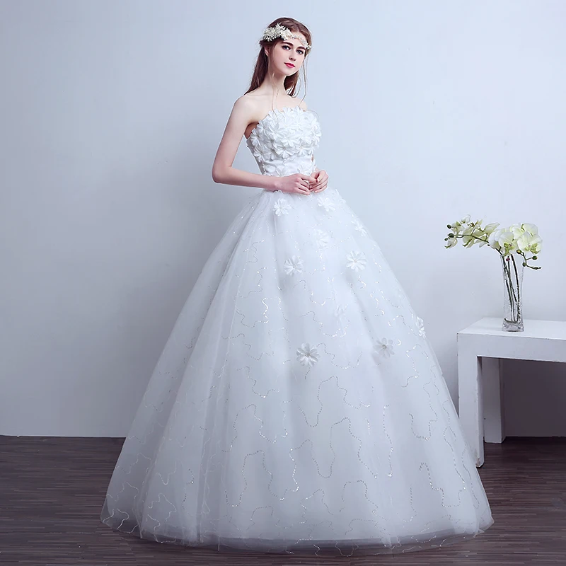 AnXin SH red little flower lace sparkly princess flower strapless sleeveless white ball gown bride customized wedding dress