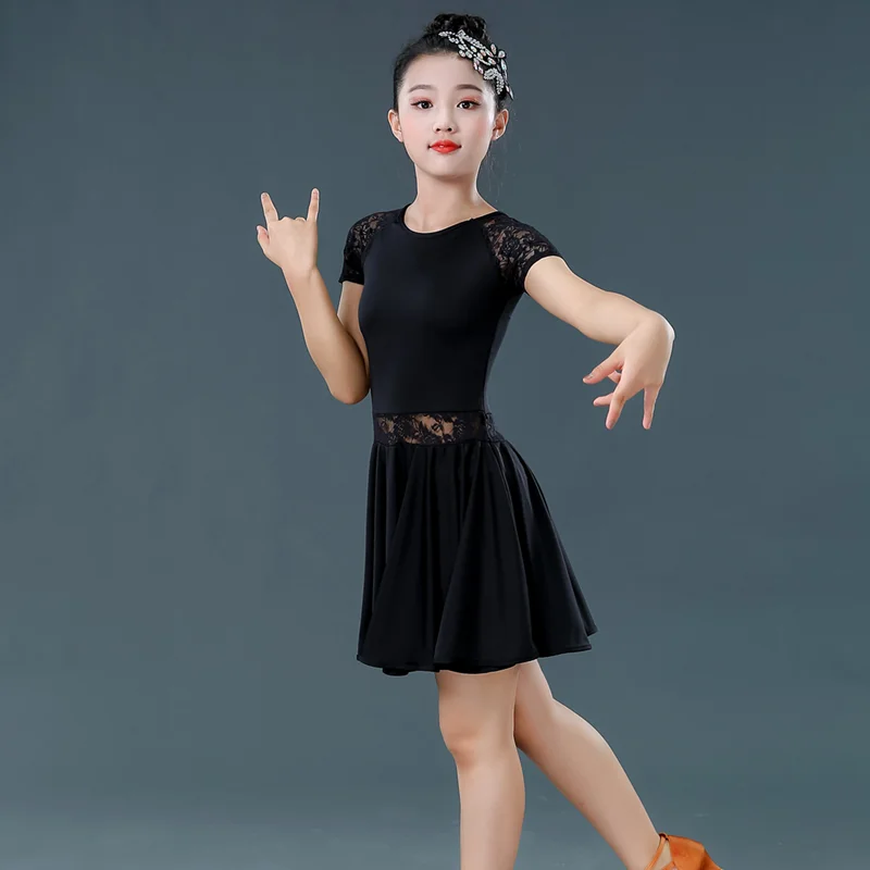 Children Latin Dance Dress Ballroom Baby Girl Tutu Lace Black Red Design Stage Clothing Kids Salsa Samba Dance Costume 120-160CM