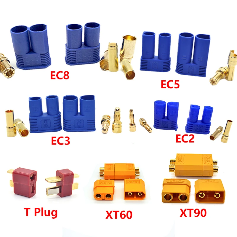 Masculino e feminino banhado a ouro T-Plug Battery Connector Set, Banana Plug, RC Parts, XT60, XT60H, XT90, EC2, EC3, EC5, 5 pares, 10 pares, 30 pares