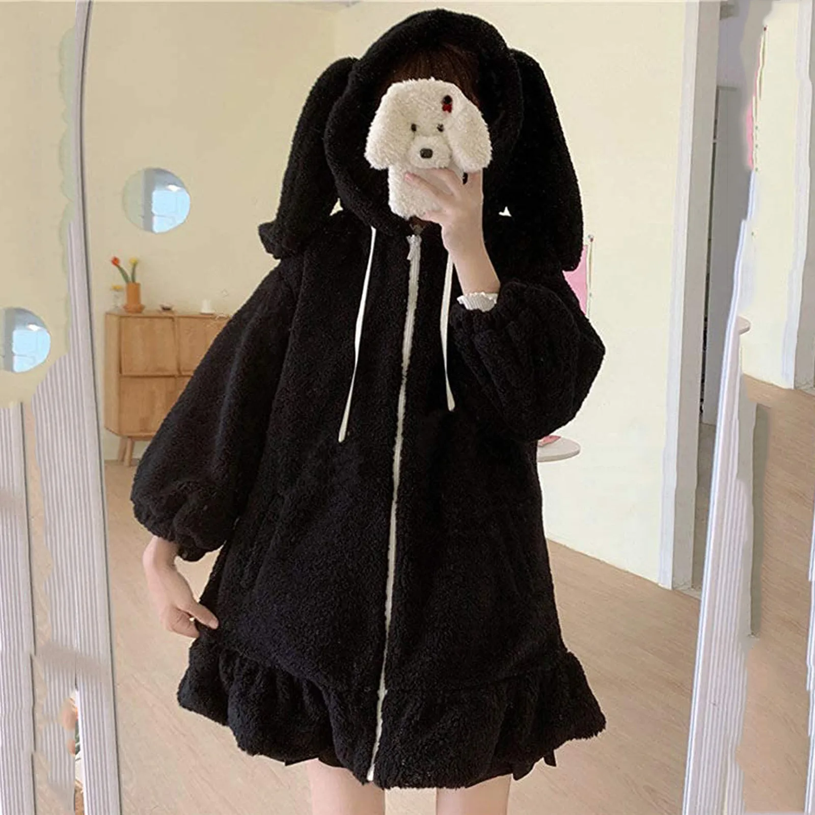 2023 New Kawaii Hoodies Women Winter Oversized Bunny Ears Plush Sweatshirt Women Long Sleeve Cute Tops Warm Zip Up Hoodies