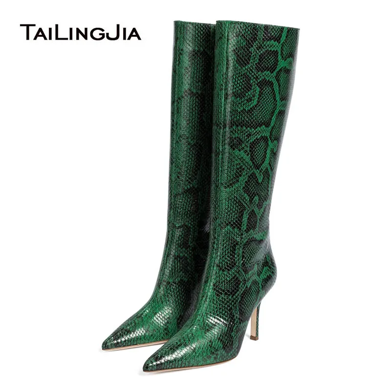 Tailingjia Fashion Plus Size Ladies Winter Shoes Green Snake Pattern PU Leather Pointed Toe 2024 High Heel Women Knee High Boots