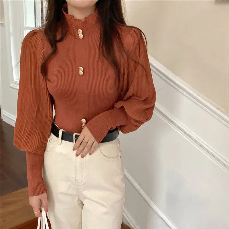 Vintage France Elegant Blouse Women Chiffon Knit Patchwork Folds Lantern Sleeve Pullovers Ruffl Stand Collar Commute Short Shirt