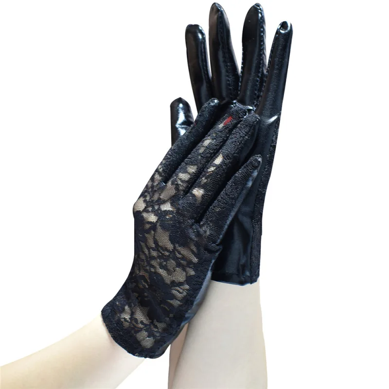 Short Paragraph Patent Leather Sexy Lace Women Black Gloves Metal Punk Style Bar Pole Dance Prom Decoration Etiquette Gloves