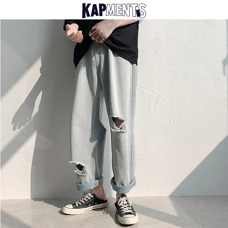 KAPMENTS Men Vintage Korean Streetwear Ripped Jeans 2023 Mens Spring Cargo Pants Harajuku Solid Denim Joggers Man Loose Trousers