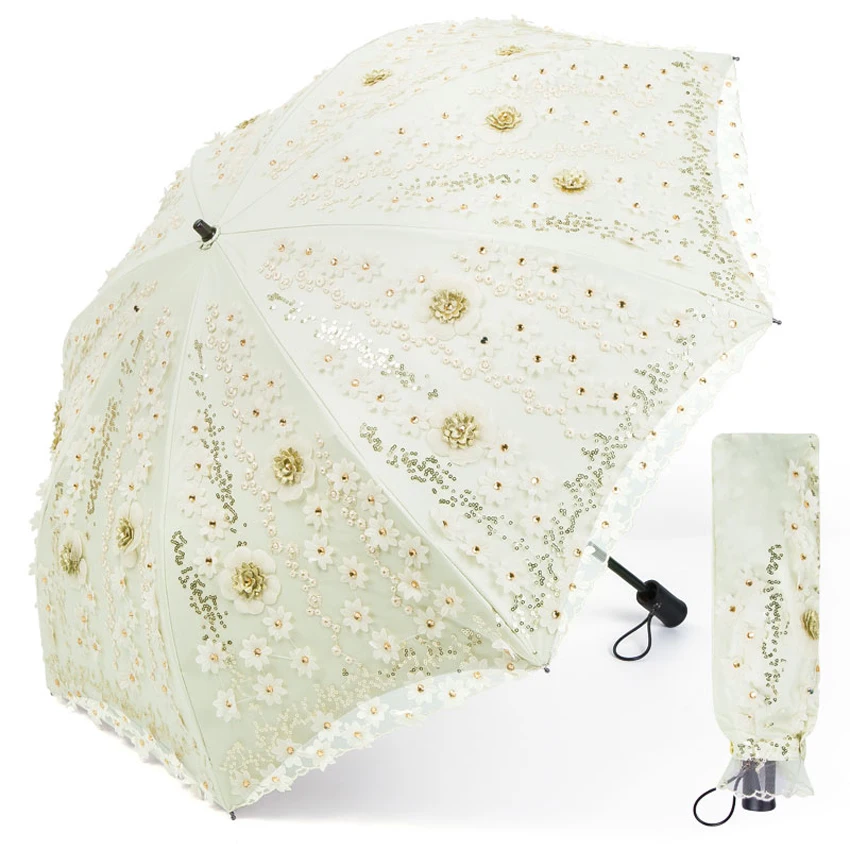 Ultraviolet-proof Embroidery Umbrella Quality Dual-Folding semi-Automatic Umbrella Rain Women Travel Compact wedding Umbrella