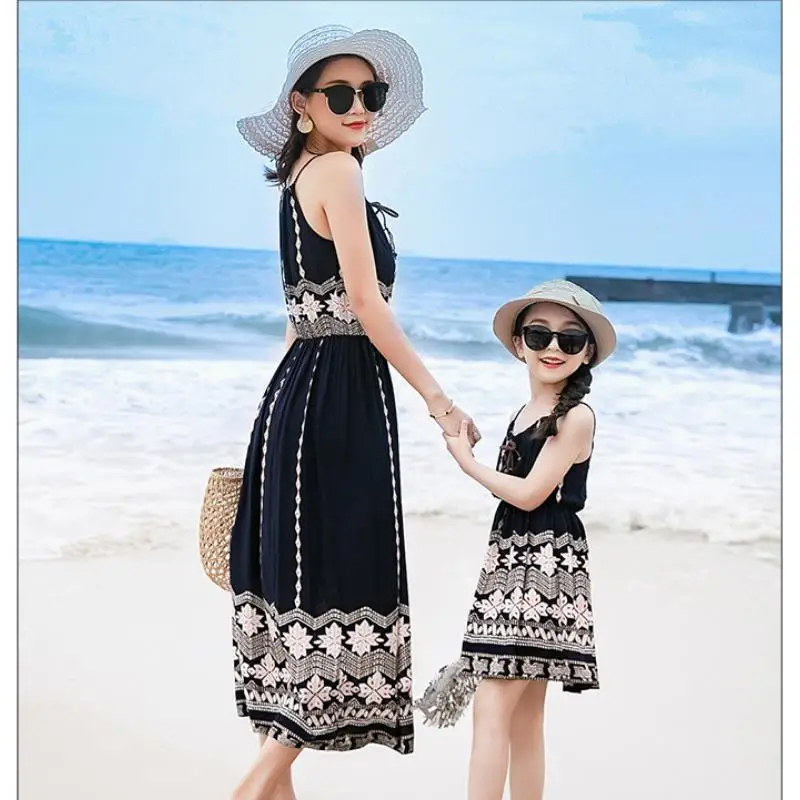 Sexy Boho Striped Parent-child Dress Summer Maxi Long Dress Sleeveless Beach Strap Sundress Vestidos For Female