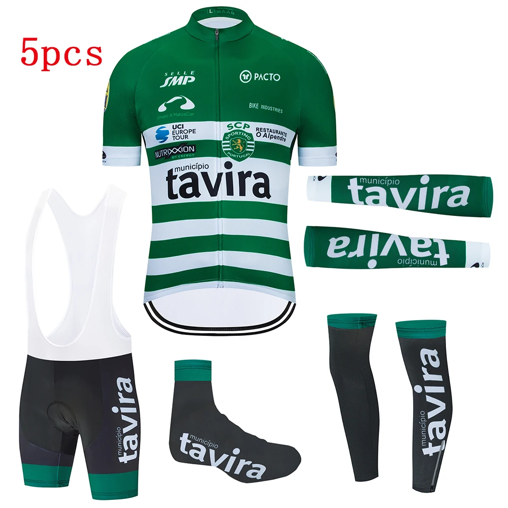 2020 New Green Tavira Summer Cycling Jersey Set Men Bib Gel Shorts 5pcs Suit Pro Team Bicycle Jersey Maillot Culotte Sport Wear