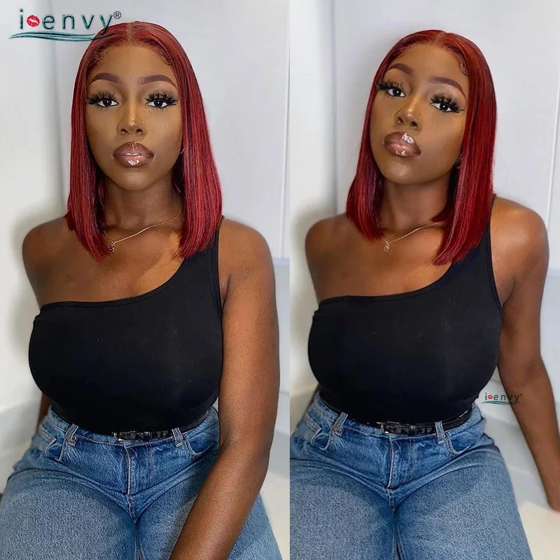 Burgundy Red Bob Wig Lace Front Human Hair Wigs 99J Peruvian Straight Short Bob Wigs Transparent T Part Lace Wigs Ginger Blonde