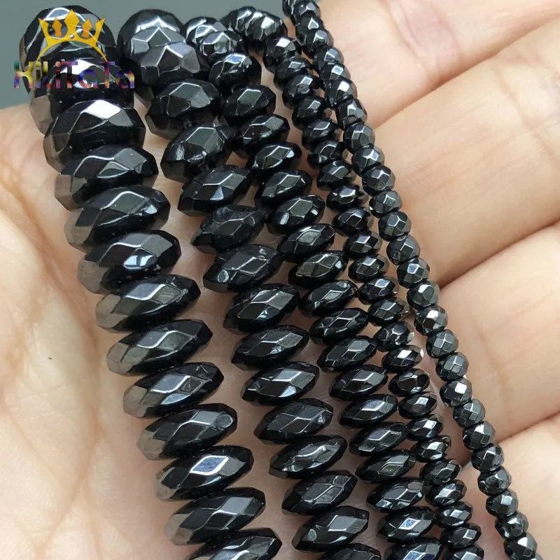 Faceted Black Hematite Stone Beads Natural Round Loose Beads For Jewelry DIY Making Cuboid Bracelet 15'' 3*2/4*2/6*3/8*4/10*4mm