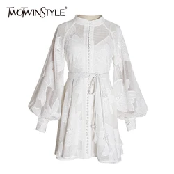 TWOTWINSTYLE Elegant Spring Dress For Women Stand Collar Long Sleeve High Waist White Mini Dresses Female Fashion New Clothing