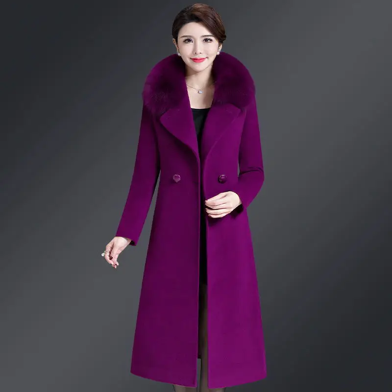 High Quality Big Fur Collar Woolen Coat Women Belt Knee-Length Double Breasted Mid-Long Woolen Jacket For Autumn Winter Outcoat