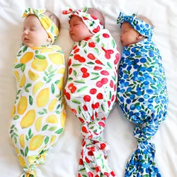 2pcs Cute Fruit Baby Swaddle Wrap Set With Headband Strawberry Lemon Infant Sleeping Bag Envelope Soft Breathable Newborn Cocoon