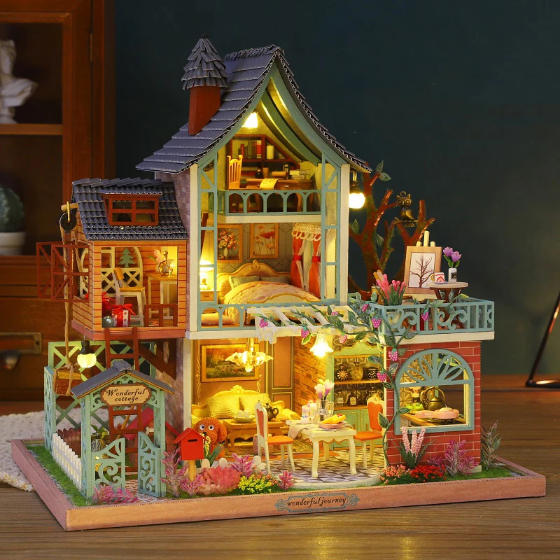 

DIY Wooden Doll House Miniature Furniture With LED Kit Jungle Lodge Dollhouses Assemble Toy for Children Christmas Gift Casa