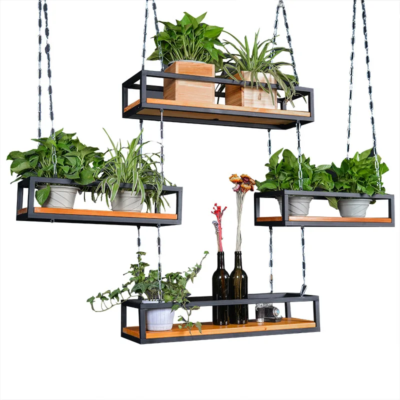 American-style Creative Plant Rack Decorative Flower Rack Indoor Solid Wood Flower Rack Iron Bar Cafe Hanging Hanger