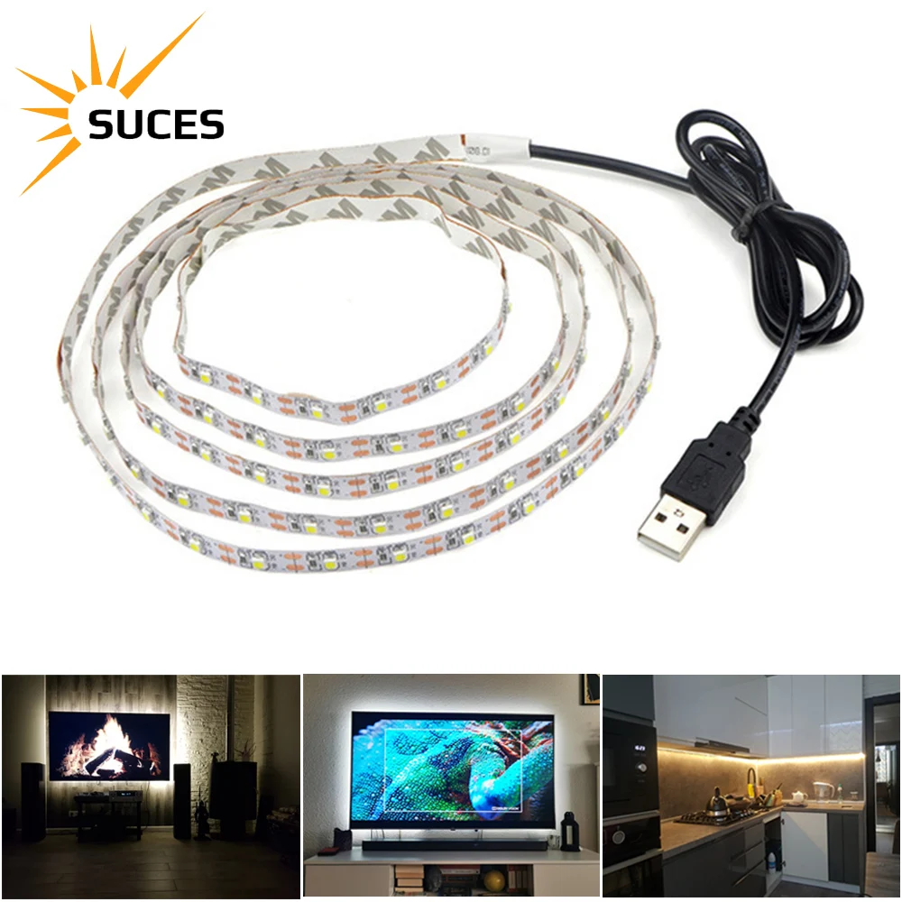 Tira de luces LED para decoración del hogar, cinta de iluminación de fondo de TV, lámpara de 1- 5m, CC de 5V, USB, 2835, Blanco cálido