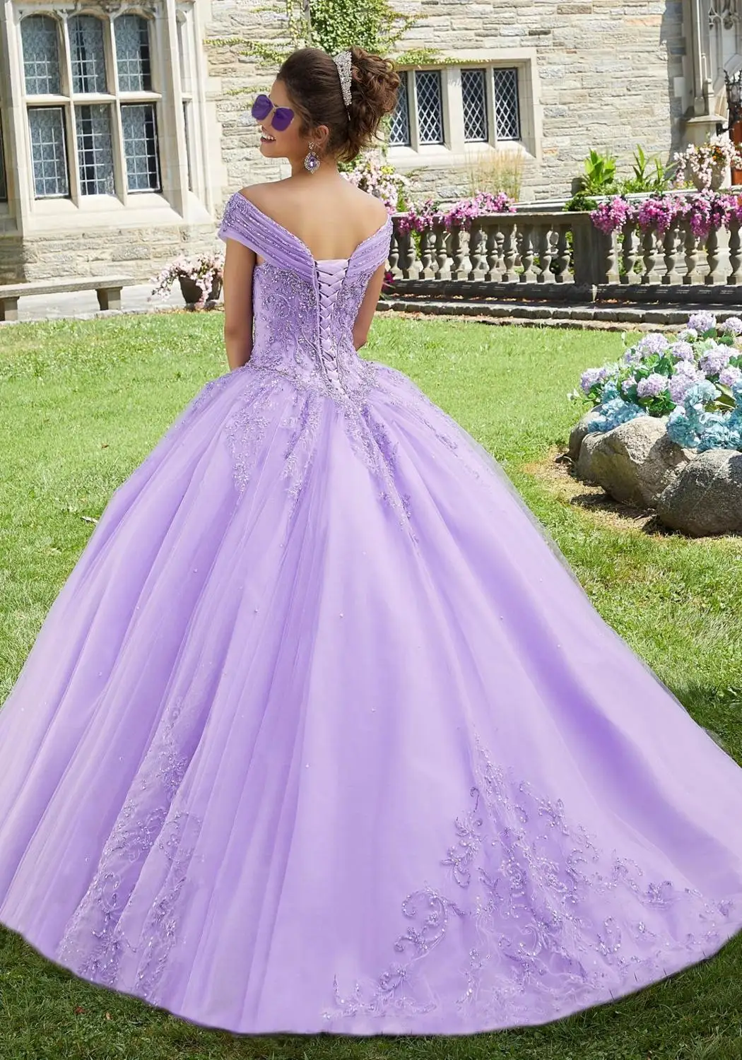 Хрустальные фиолетовые платья для Quinceanera, аппликация, бисероплетение, 15 платьев, бальное платье для Quinceanera, официальное, искусственное, V-образный вырез, открытые плечи