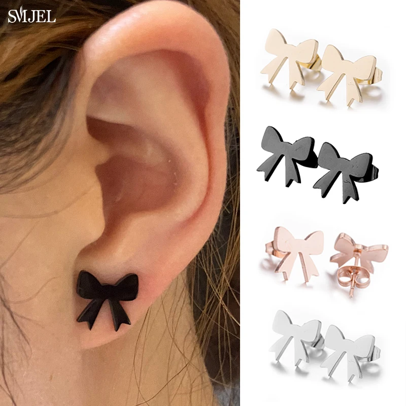 Korean Design Fashion Jewelry Simple Stainless Steel Bow Earrings for Women Girls Romantic Bowknot Studs Female Accessoris 2024