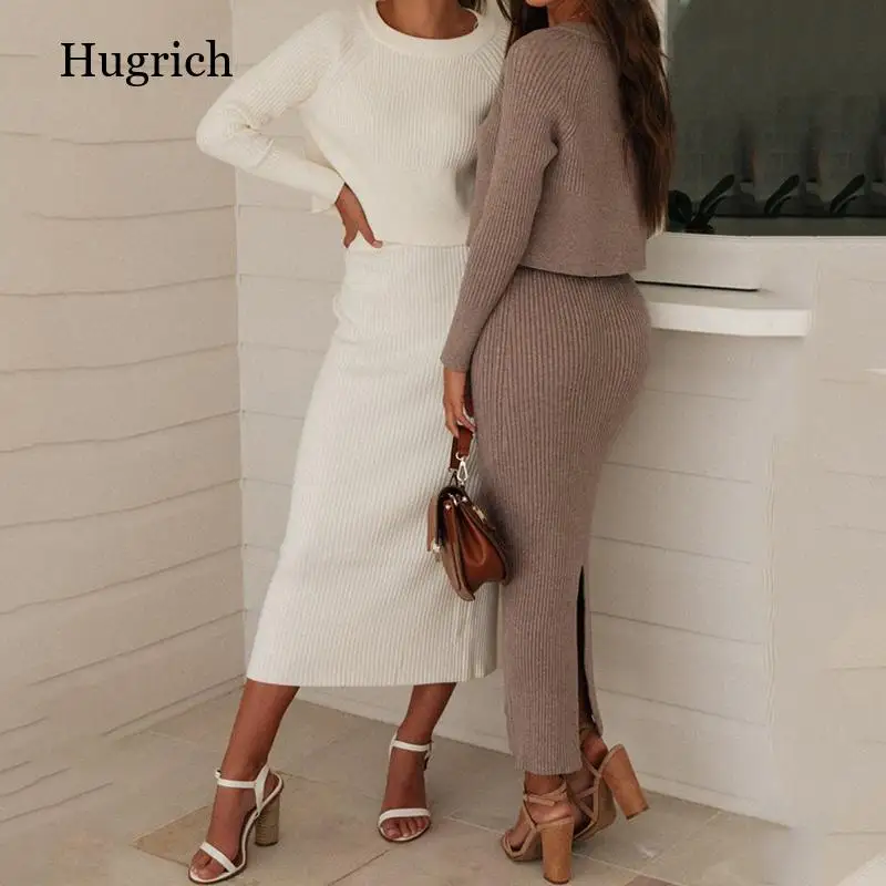 

2021 Sexy 2 Pieces Women Set Long Sleeve Top and Skirt Fashion 3-Color Sweater Skirt Knitted Hem Split Skirt Suit