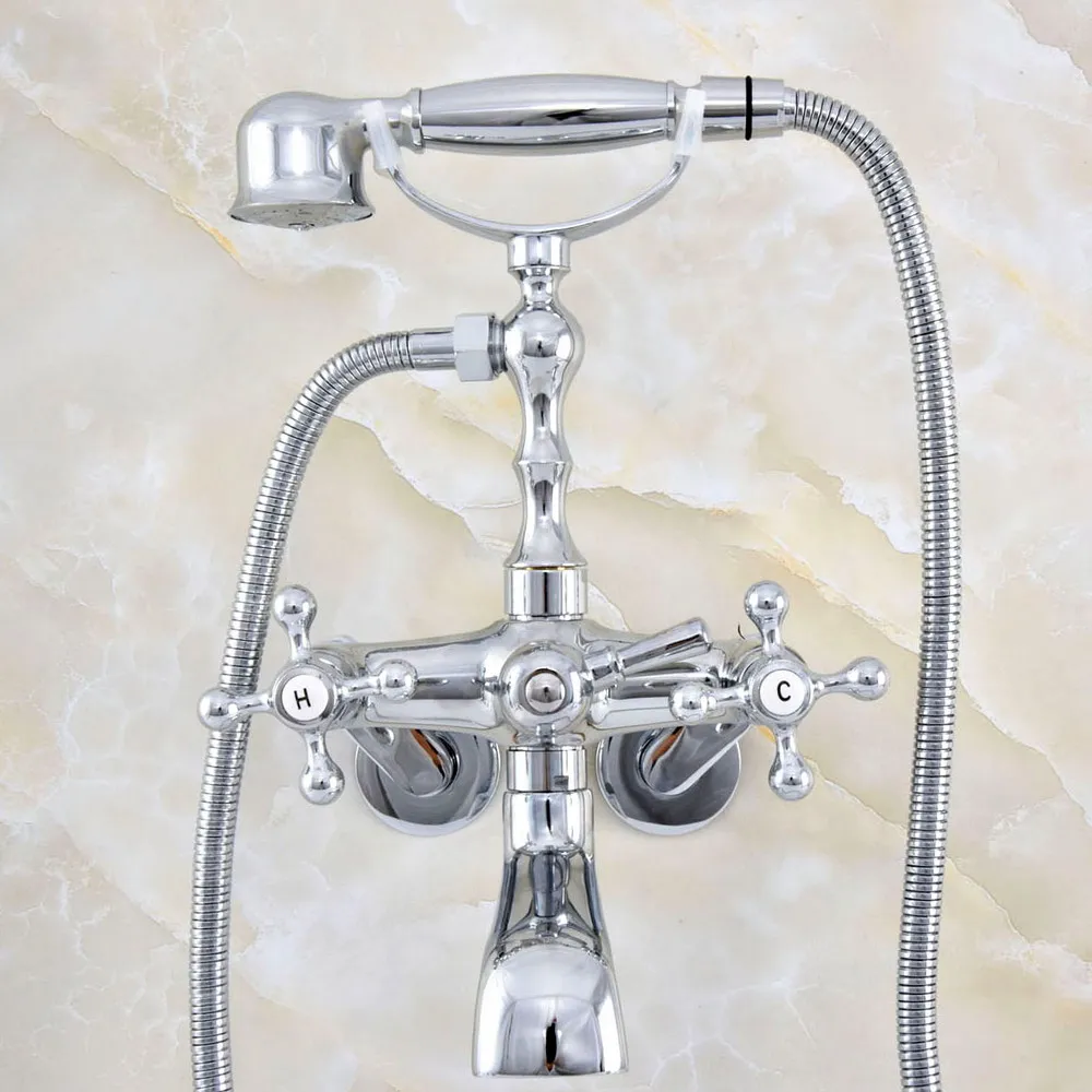 

3-3/8" Polished Chrome Telephone Bathtub Faucet Mixer Tap w/ Hand Shower Bath Shower Tub Faucet Dual Handles zqg417