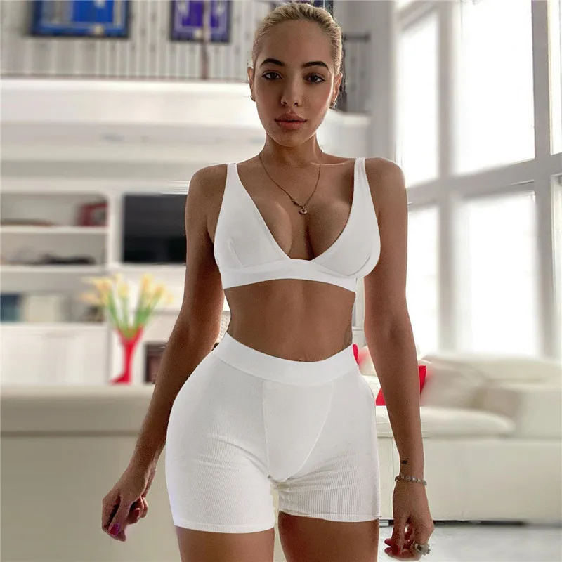 Sexy Women Sleeveless Strap Bra Bustiers Tank Vest Crop Tops High Waist Shorts Pants Trousers Tracksuit Summer 2023