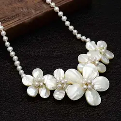 LJHMY Boho Natural Freshwater Pearl White Sea Shell Flower Statement Necklace  Pearl Necklace  Pendant Necklace  Bohemia