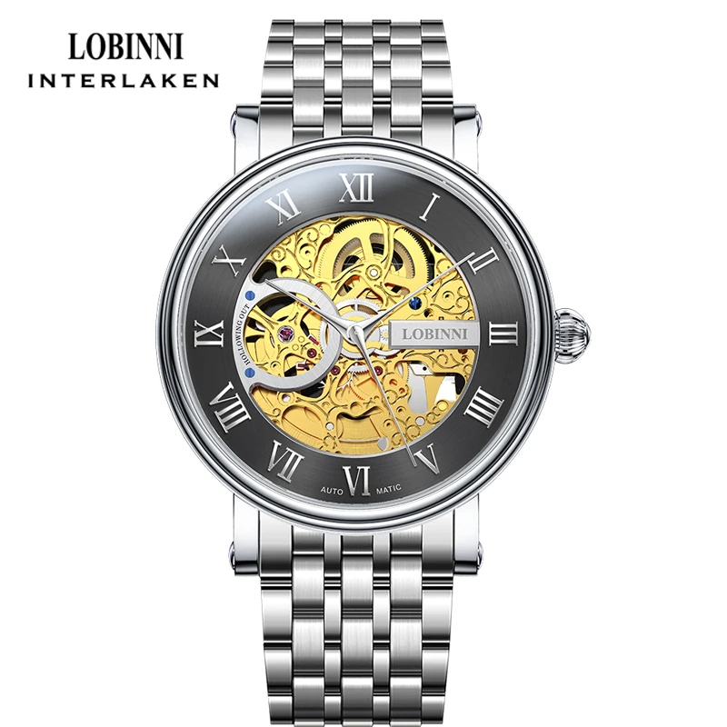 LOBINNI New Transparent Case Open Work Stainless Steel Mechanical Skeleton Wrist Watch Luxury Men Waterproof Automatic Watches
