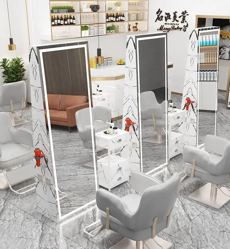 Single-side mirror barber shop floor-to-ceiling double-side dyeing and perm mirror table with lamp for hair cutting in hair salo