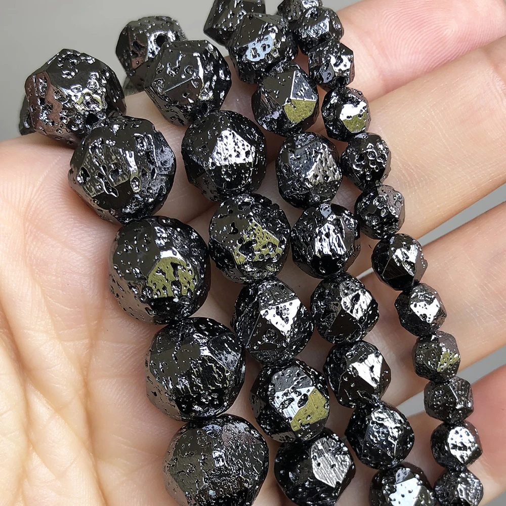 Natural Faceted Volcanic Lava Stone Beads Black Plated Loose Spacer Beads for Jewelry Making DIY Bracelet 15'' 6 8 10 12mm