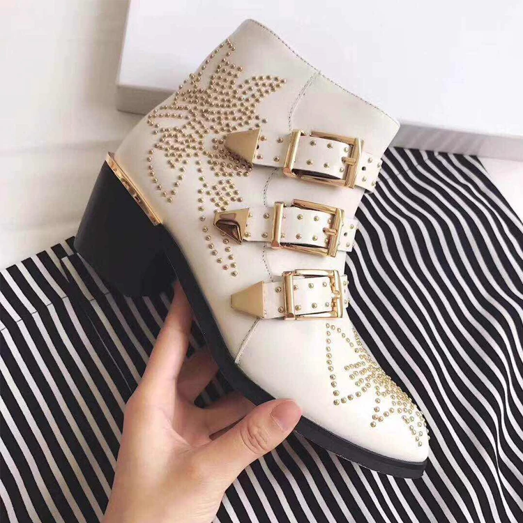 Susanna Studded Real Leather Ankle Boots Women Autumn Winter Round Toe Buckle Strap Shoes Woman Motorcycle Square Heel booties