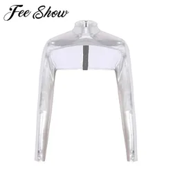 Women Zipper Form Fitting Shrugs Shirts Blouses Crop Top Female Shiny Metallic Long Sleeves Shawl Cover Up Apparel Accessories