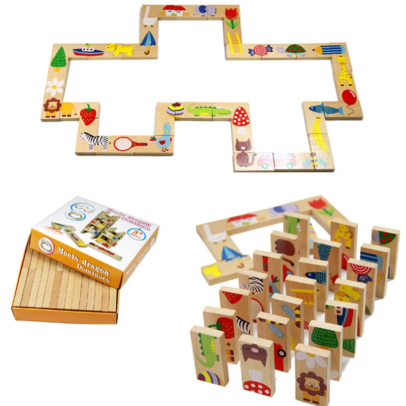 28PCS Wooden Domino Toys Early Learning Wooden Animal Domino Toys Set Shape Sorting Order Learning Educational Toys For Children