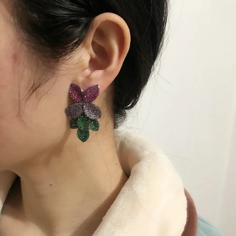 Bilincolor-pendientes grandes de lujo para mujer, flor púrpura y roja, hoja verde