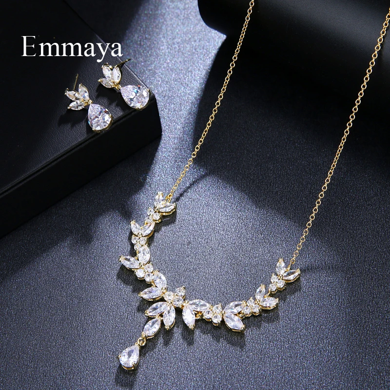 Emmaya Vivid Leaves-shape Dazzling Wedding Costume Accessories CZ Crystal Colorful Gift Earrings And Necklace Jewelry Sets