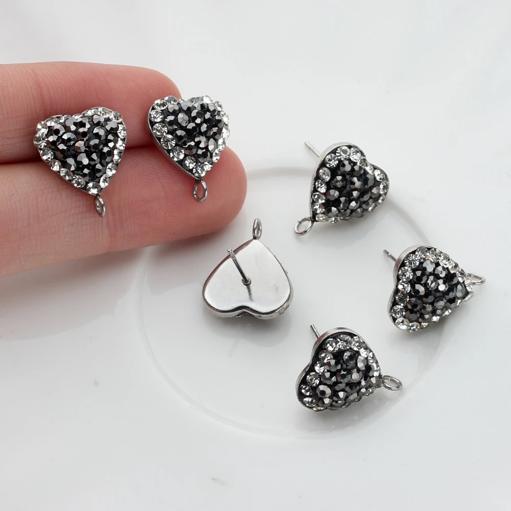 Stainless Steel Black Soft Ceramic Heart-shaped Inlaid Crystal Earrings Connector Charms 6pcs/lot For DIY Earrings Making Craft