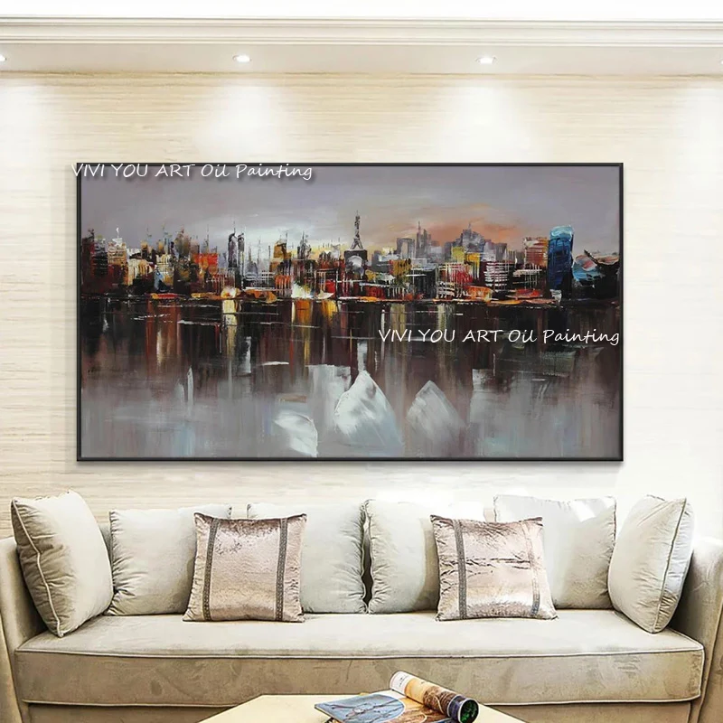 100% Hand Painted colorful city building Oil Painting Abstract Bridge painting knife modern wall Decoration Wall Art picture