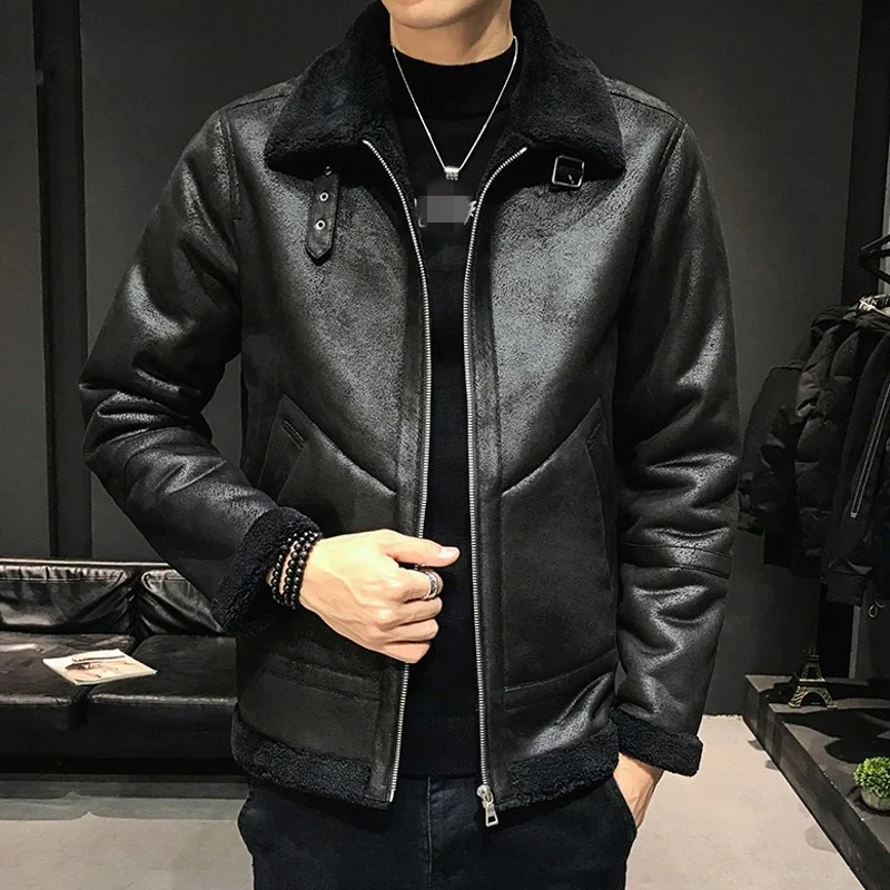 Mens 2022 Autumn Winter Short Loose Lamb Wool Fashion Warm Jacket Hip Hop Turn -Down Collar Pockets Spliced Zipper Vintage Coat