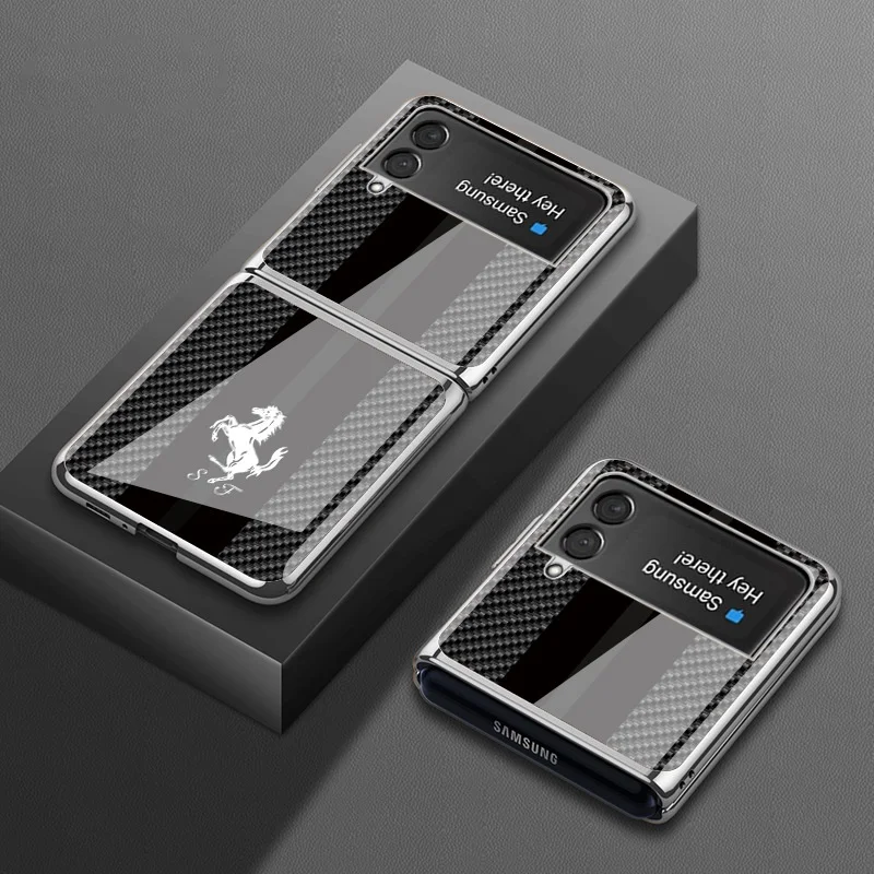 Luxury Tempered Glass Carbon Fiber Texture Metal Plated Case For Samsung Galaxy Z Flip4 Flip3 5G