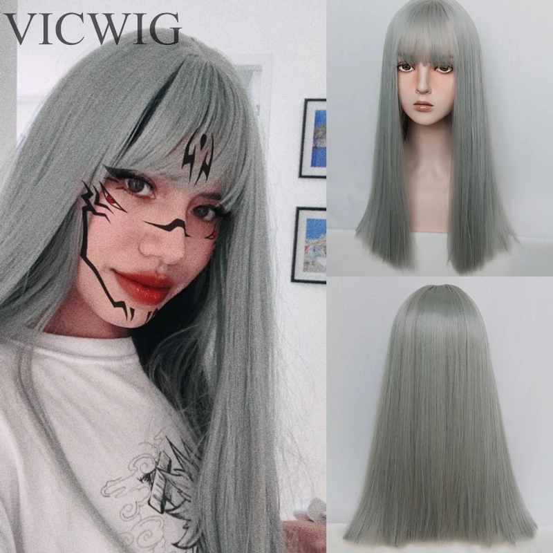 VICWIG Women's Cosplay Wig Green Purple Gray Long Straight Synthetic Hair Band Bangs Heat-resistant Rose Net