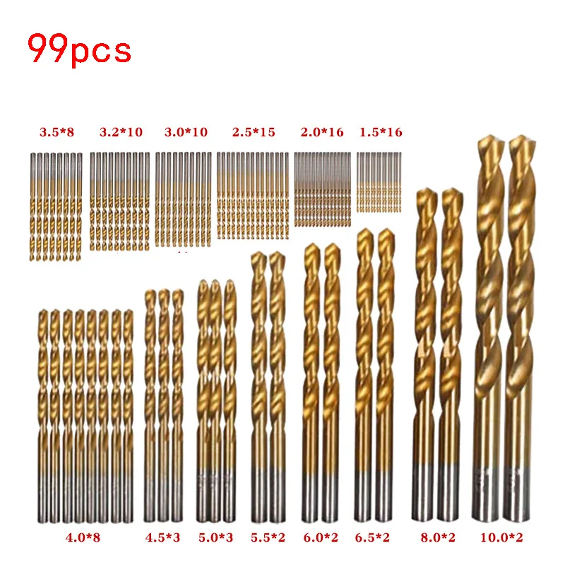 99Pcs Titanium Bọc Mũi Nhóm HSS 1-10Mm Thích Hợp Cho Kim Loại, gỗ Và Nhựa.