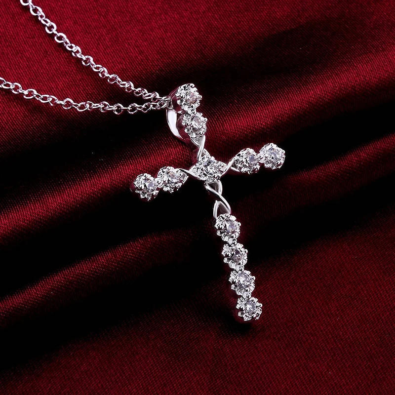 KOFSAC Trendy 925 Sterling Silver Cross Pendant Necklaces Women Jewelry Multi-colour Shiny Zircon Necklace Lady Anniversary Gift