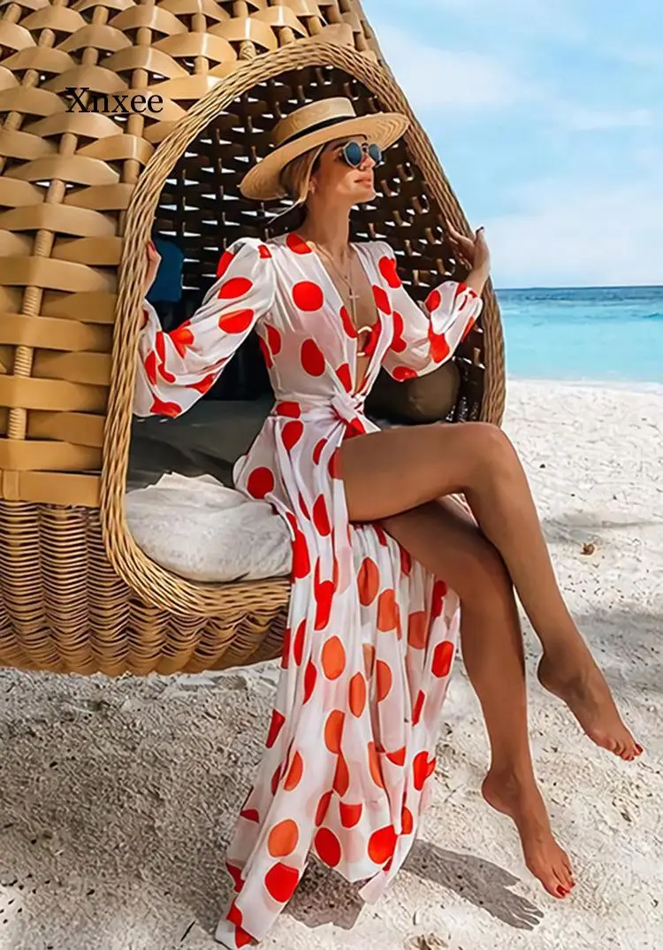 Women Dress Dot Print Deep V Neck Bohemia Dress Sexy Long Print Maxi Dresses Long Sleeve Split Long Beach Dresses Clothes