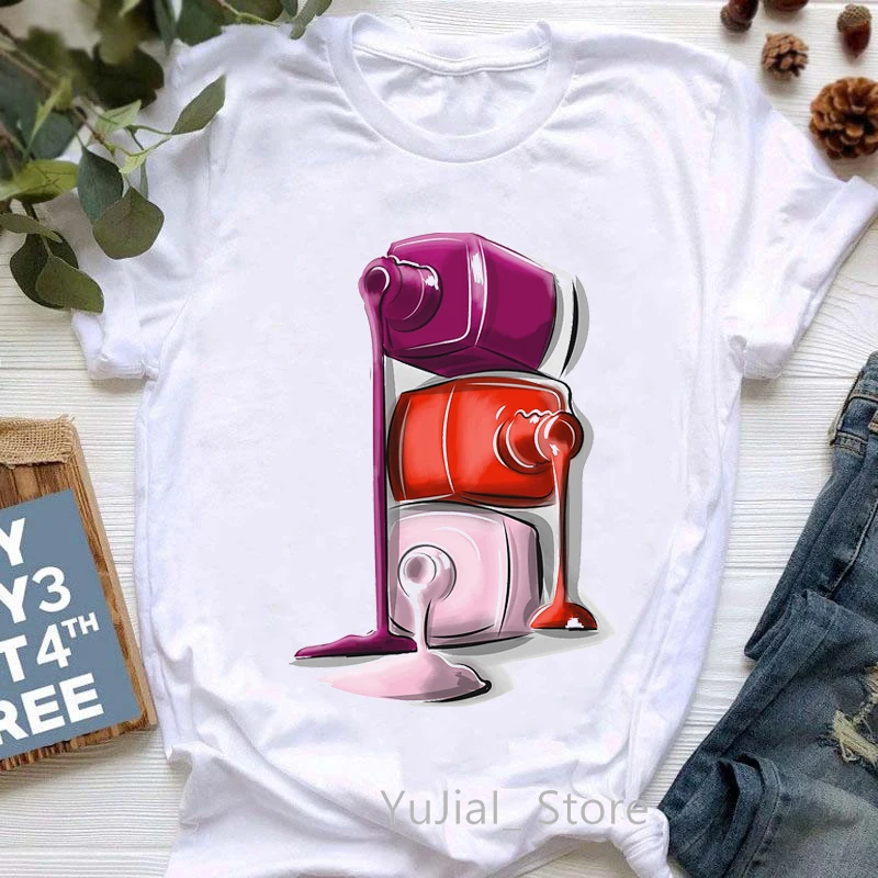 Watercolor Fashion Girl Taking Pictures Print T-Shirt Women'S Clothing Nail Tshirt Femme Summer Tops Tee Shirt Female