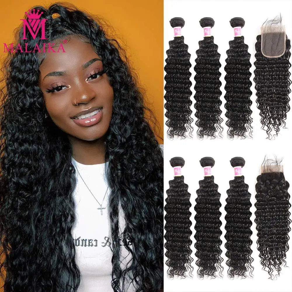 Malaika 28 30 40 Inches Deep Wave Bundles With Closure Brazilian Curly 100% Human Hair Water Wave 3 4 Bundles Weave Lace Frontal