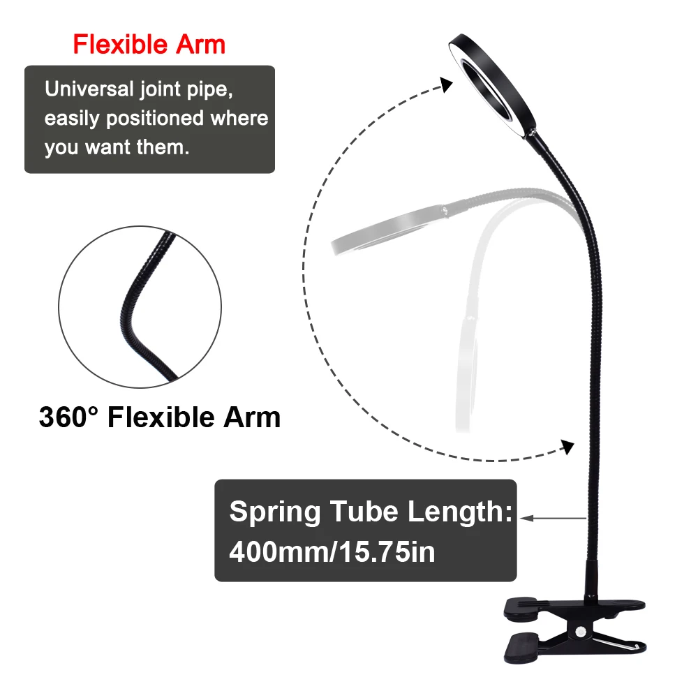 3X-5X Flexible Magnifier USB 3 Colors Lamp Clip-on Table Top Desk LED Reading Large Lens Illuminated Magnifying Glass for Home